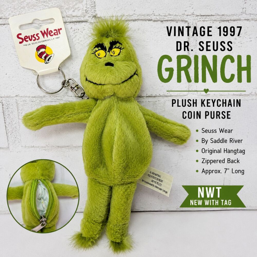 Vintage 1997 Dr Seuss Grinch Seuss Wear Plush Keychain Coin Purse Green 7" NWT
